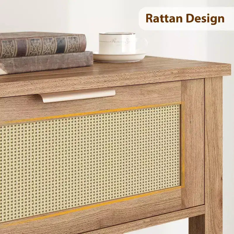 Console de canapé en rotin 43'', table d'entrée 2 tiroirs avec surface en rotin synthétique, étagère ouverte, rangement pour entrée/couloir derrière le canapé