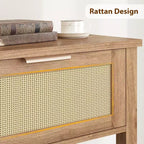 Console de canapé en rotin 43'', table d'entrée 2 tiroirs avec surface en rotin synthétique, étagère ouverte, rangement pour entrée/couloir derrière le canapé