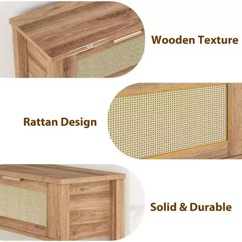 Console de canapé en rotin 43'', table d'entrée 2 tiroirs avec surface en rotin synthétique, étagère ouverte, rangement pour entrée/couloir derrière le canapé