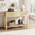 Console de canapé en rotin 43'', table d'entrée 2 tiroirs avec surface en rotin synthétique, étagère ouverte, rangement pour entrée/couloir derrière le canapé