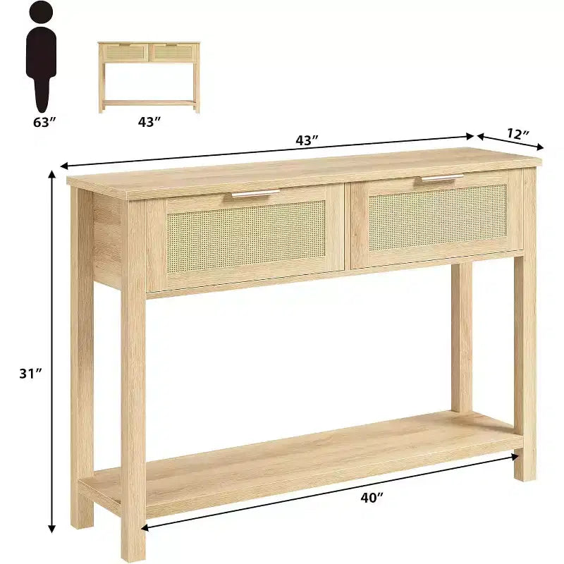 Console de canapé en rotin 43'', table d'entrée 2 tiroirs avec surface en rotin synthétique, étagère ouverte, rangement pour entrée/couloir derrière le canapé