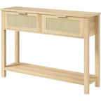 Console de canapé en rotin 43'', table d'entrée 2 tiroirs avec surface en rotin synthétique, étagère ouverte, rangement pour entrée/couloir derrière le canapé