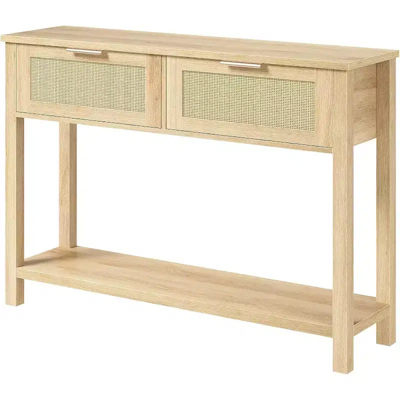 Console de canapé en rotin 43'', table d'entrée 2 tiroirs avec surface en rotin synthétique, étagère ouverte, rangement pour entrée/couloir derrière le canapé