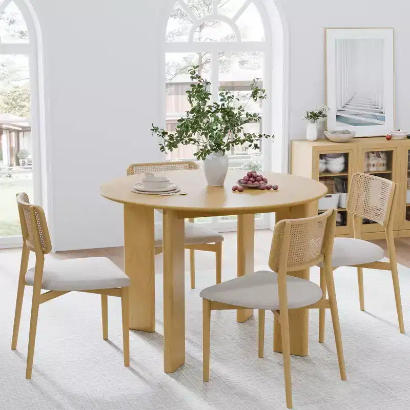 Table à manger circulaire de 42 pouces, couleur noyer, adaptée aux repas à plusieurs personnes simultanément, convient aussi bien aux salles à manger qu'aux salons