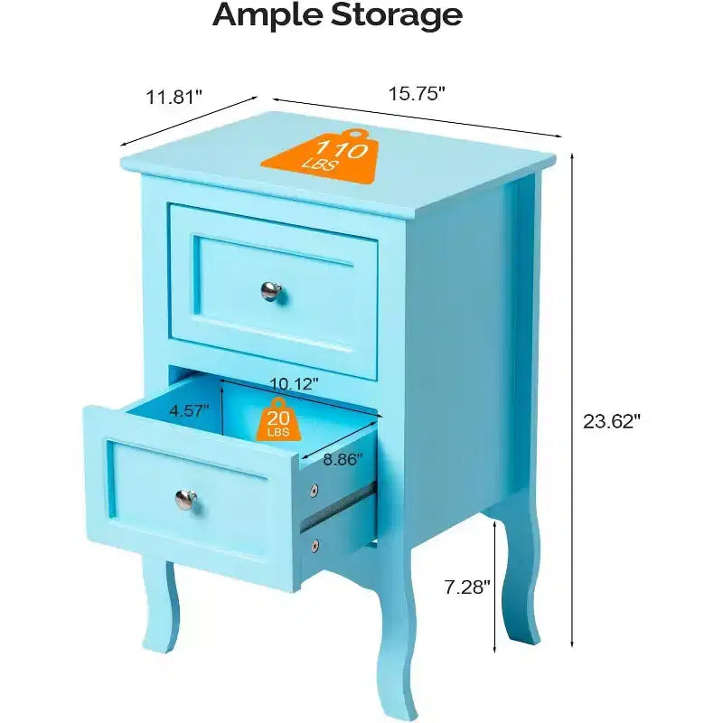 Bonnlo Lot de 2 tables de chevet, tables de nuit avec 2 tiroirs, bleu, petites pour chambre à coucher