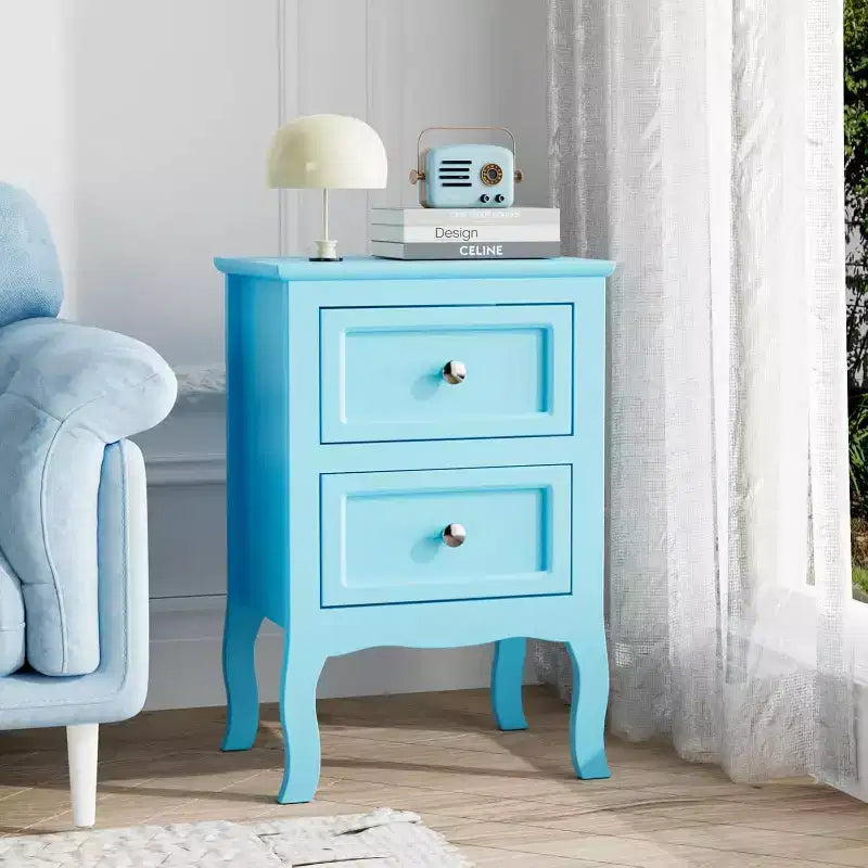 Bonnlo Lot de 2 tables de chevet, tables de nuit avec 2 tiroirs, bleu, petites pour chambre à coucher