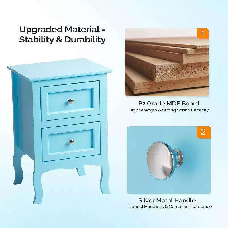Bonnlo Lot de 2 tables de chevet, tables de nuit avec 2 tiroirs, bleu, petites pour chambre à coucher