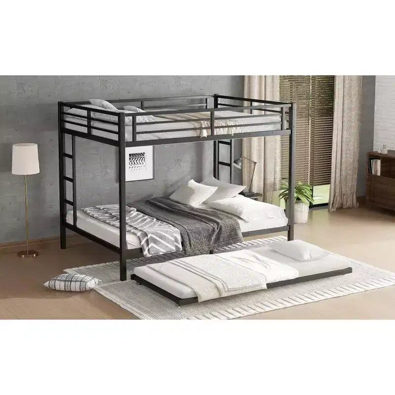 Lit superposé Bellemave Queen sur Queen avec lit gigogne double, cadre en métal, lattes silencieuses, rangement sous le lit, garde-corps, finition noire durable