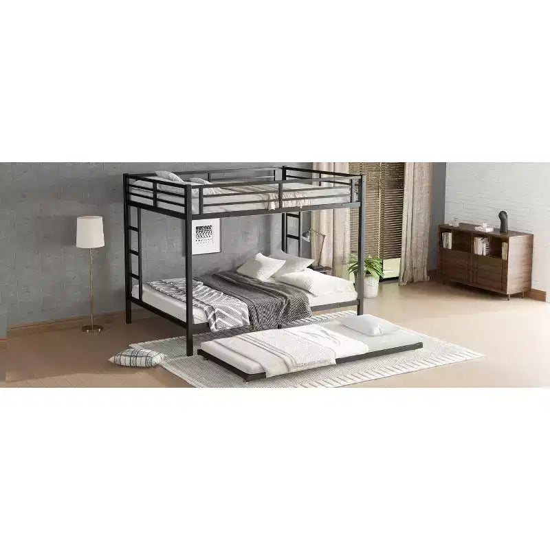 Lit superposé Bellemave Queen sur Queen avec lit gigogne double, cadre en métal, lattes silencieuses, rangement sous le lit, garde-corps, finition noire durable