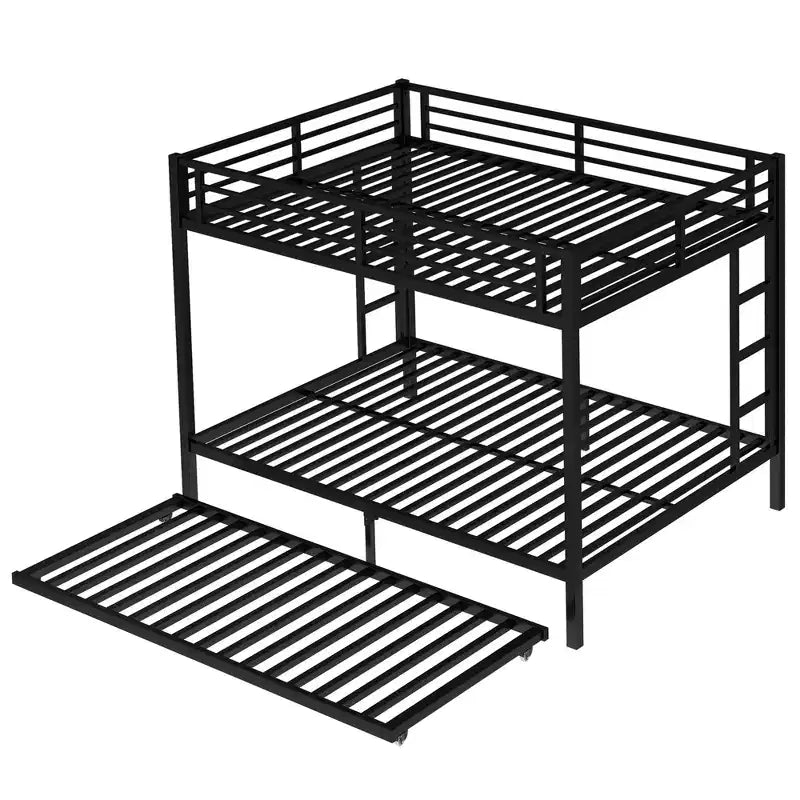 Lit superposé Bellemave Queen sur Queen avec lit gigogne double, cadre en métal, lattes silencieuses, rangement sous le lit, garde-corps, finition noire durable