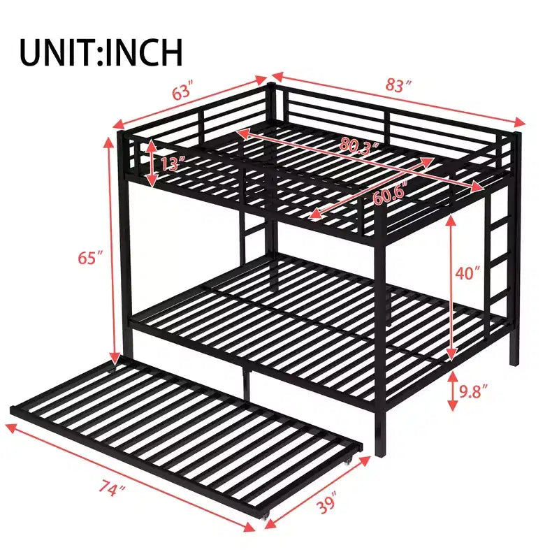 Lit superposé Bellemave Queen sur Queen avec lit gigogne double, cadre en métal, lattes silencieuses, rangement sous le lit, garde-corps, finition noire durable