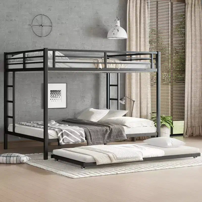Lit superposé Bellemave Queen sur Queen avec lit gigogne double, cadre en métal, lattes silencieuses, rangement sous le lit, garde-corps, finition noire durable