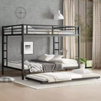 Lit superposé Bellemave Queen sur Queen avec lit gigogne double, cadre en métal, lattes silencieuses, rangement sous le lit, garde-corps, finition noire durable