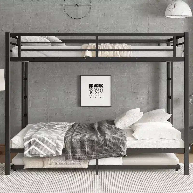 Lit superposé Bellemave Queen sur Queen avec lit gigogne double, cadre en métal, lattes silencieuses, rangement sous le lit, garde-corps, finition noire durable