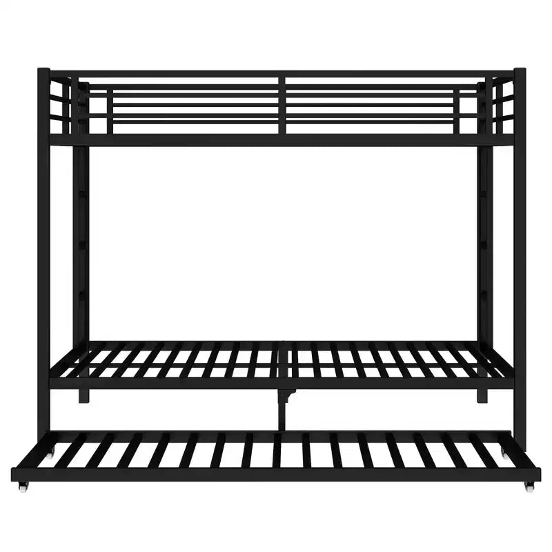 Lit superposé Bellemave Queen sur Queen avec lit gigogne double, cadre en métal, lattes silencieuses, rangement sous le lit, garde-corps, finition noire durable