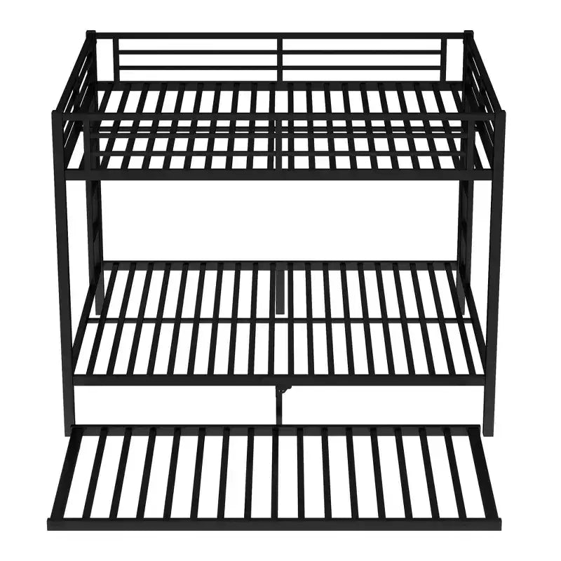 Lit superposé Bellemave Queen sur Queen avec lit gigogne double, cadre en métal, lattes silencieuses, rangement sous le lit, garde-corps, finition noire durable