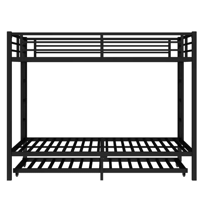 Lit superposé Bellemave Queen sur Queen avec lit gigogne double, cadre en métal, lattes silencieuses, rangement sous le lit, garde-corps, finition noire durable
