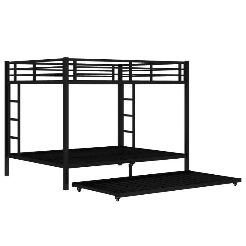 Lit superposé Bellemave Queen sur Queen avec lit gigogne double, cadre en métal, lattes silencieuses, rangement sous le lit, garde-corps, finition noire durable