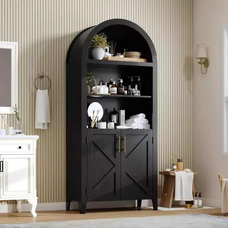 63.2 Arched Bookcase with Doors - 5-Tier Open Display Shelf, Modern Bookshelf Storage Cabinet for Home Office Living Room Library