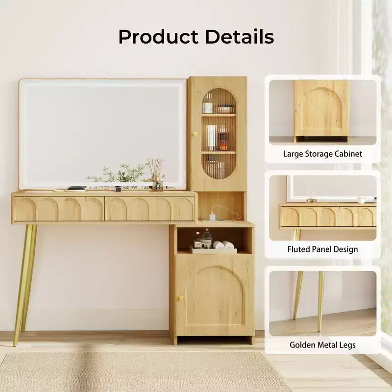 Coiffeuse 48 po avec miroir et lumières, coiffeuse moderne cannelée avec plateau en verre et armoire de rangement