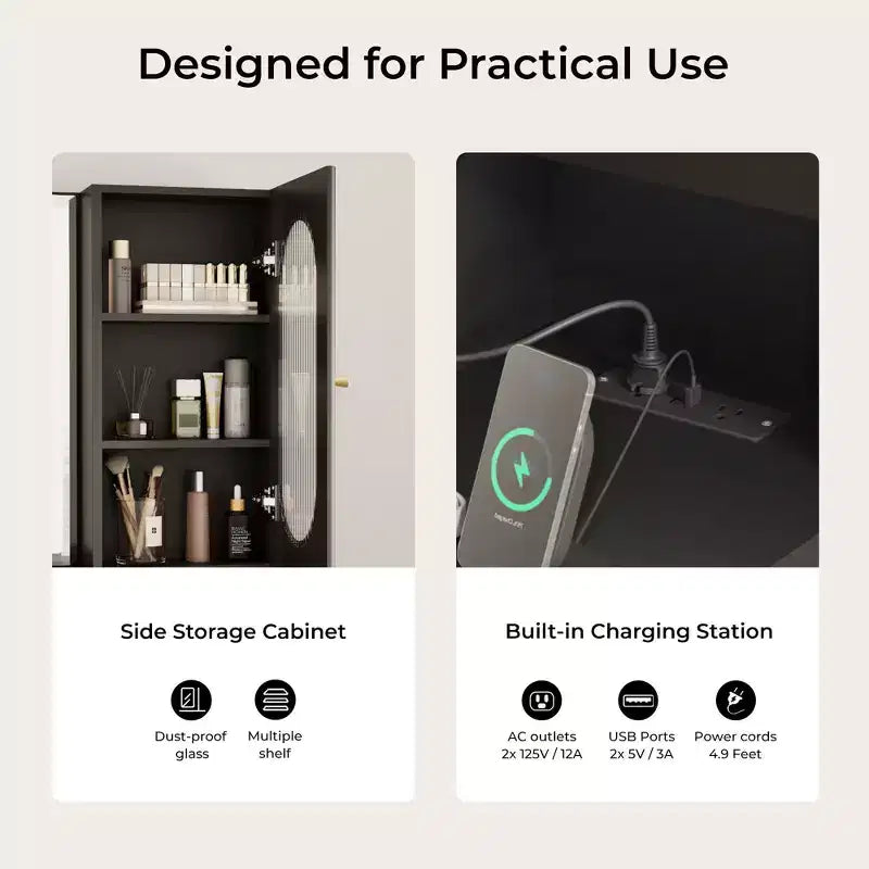 Coiffeuse 48 po avec miroir et lumières, coiffeuse moderne cannelée avec plateau en verre et armoire de rangement