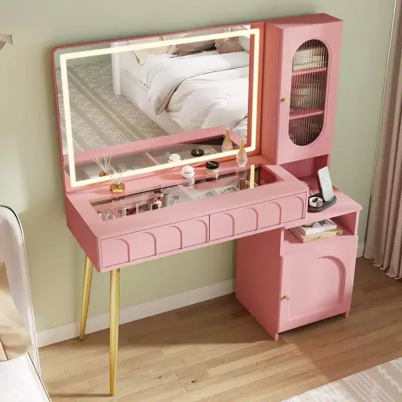 Coiffeuse 48 po avec miroir et lumières, coiffeuse moderne cannelée avec plateau en verre et armoire de rangement