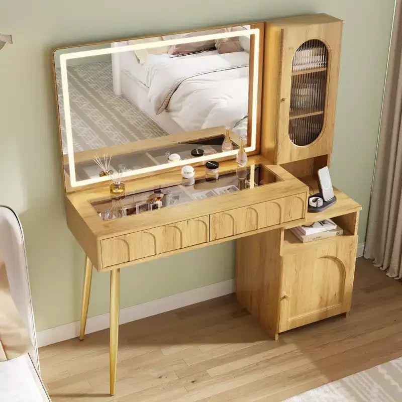 Coiffeuse 48 po avec miroir et lumières, coiffeuse moderne cannelée avec plateau en verre et armoire de rangement