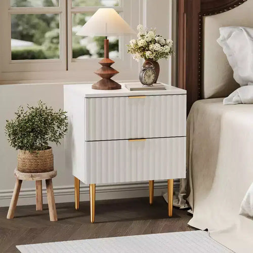 1 Modern Fluted Nightstand with Charging Station & 2 Drawers, Gold & Wood Bedside Table,Small Side Table with USB Ports & Outlets for Bedroom