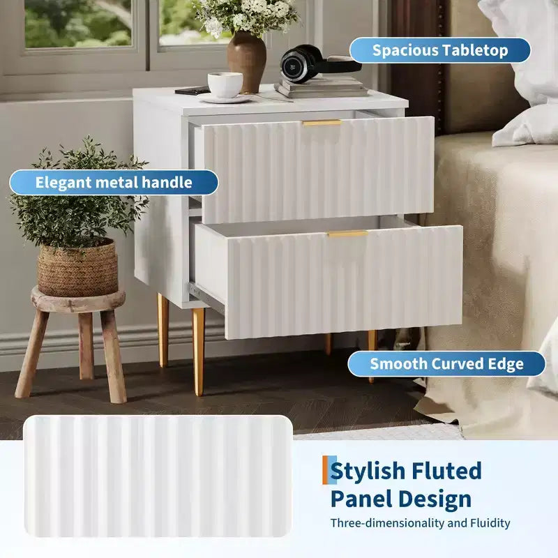 1 Table de chevet cannelée moderne avec station de charge et 2 tiroirs, table de chevet dorée et bois, petite table d'appoint avec ports USB et prises pour chambre à coucher