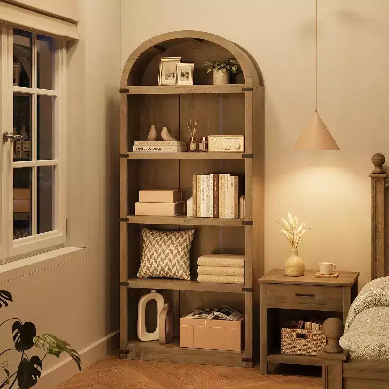 Bibliothèque arquée Acekool à 5 étagères avec protection d'angle en métal, étagère de présentation haute pour salon, chambre à coucher