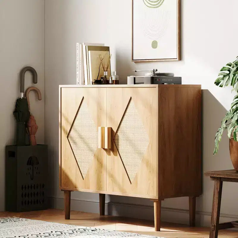 Meuble de rangement, Armoire de rangement avec portes en rotin, Buffet multifonctionnel avec étagères intérieures réglables pour salon, entrée, Naturel