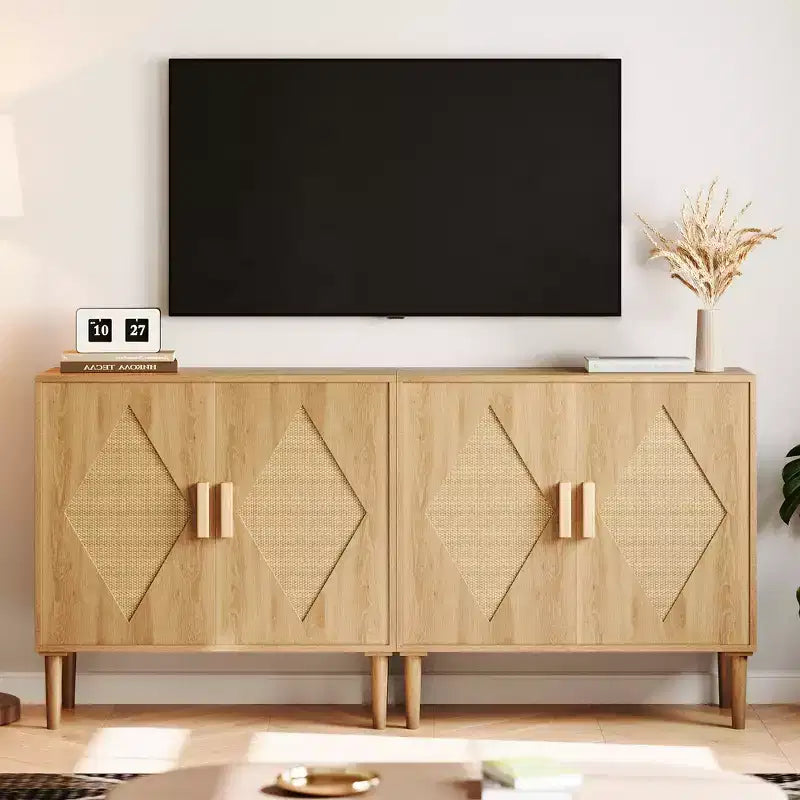 Meuble de rangement, Armoire de rangement avec portes en rotin, Buffet multifonctionnel avec étagères intérieures réglables pour salon, entrée, Naturel
