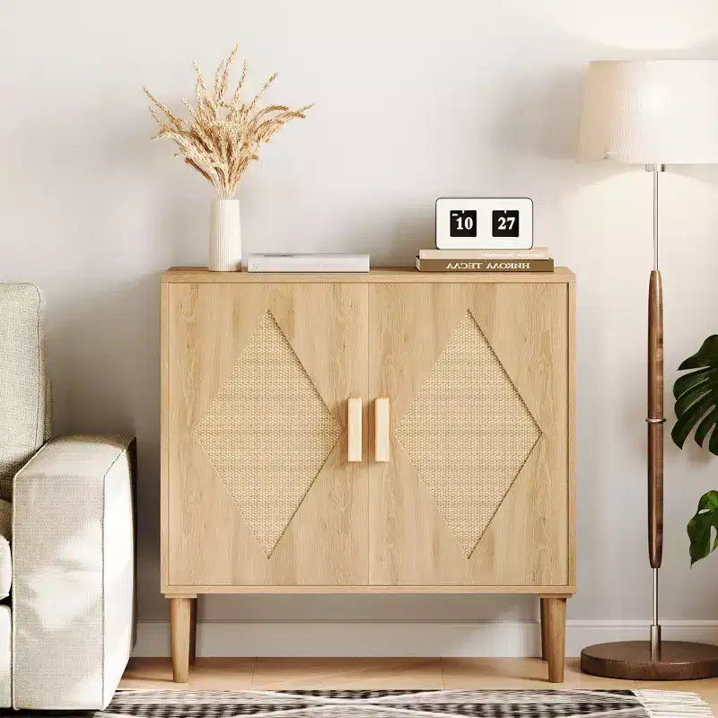 Meuble de rangement, Armoire de rangement avec portes en rotin, Buffet multifonctionnel avec étagères intérieures réglables pour salon, entrée, Naturel