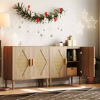 Meuble de rangement, Armoire de rangement avec portes en rotin, Buffet multifonctionnel avec étagères intérieures réglables pour salon, entrée, Naturel