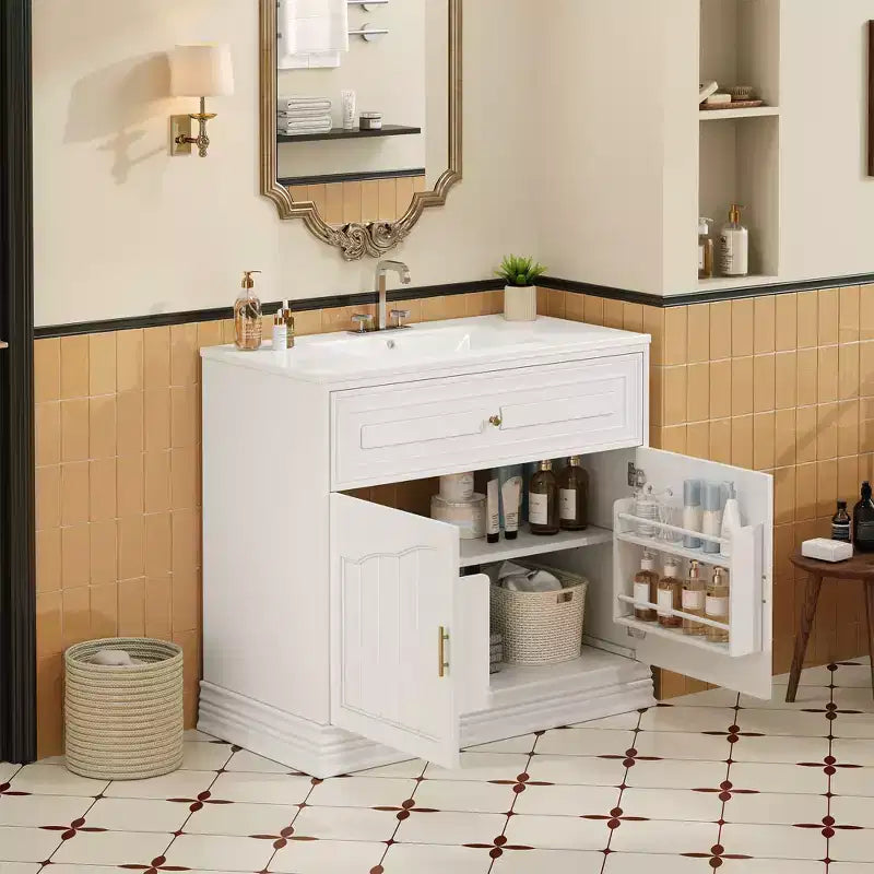 Meuble-lavabo de luxe de 36 pouces avec lavabo en céramique, meuble-lavabo avec deux grandes portes à fermeture amortie, armoire de rangement de salle de bain en bois massif.