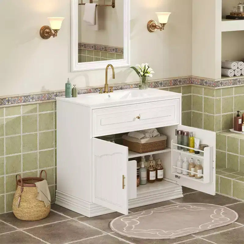 Meuble-lavabo de luxe de 36 pouces avec lavabo en céramique, meuble-lavabo avec deux grandes portes à fermeture amortie, armoire de rangement de salle de bain en bois massif.