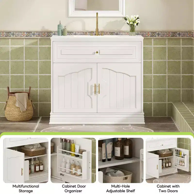 Meuble-lavabo de luxe de 36 pouces avec lavabo en céramique, meuble-lavabo avec deux grandes portes à fermeture amortie, armoire de rangement de salle de bain en bois massif.