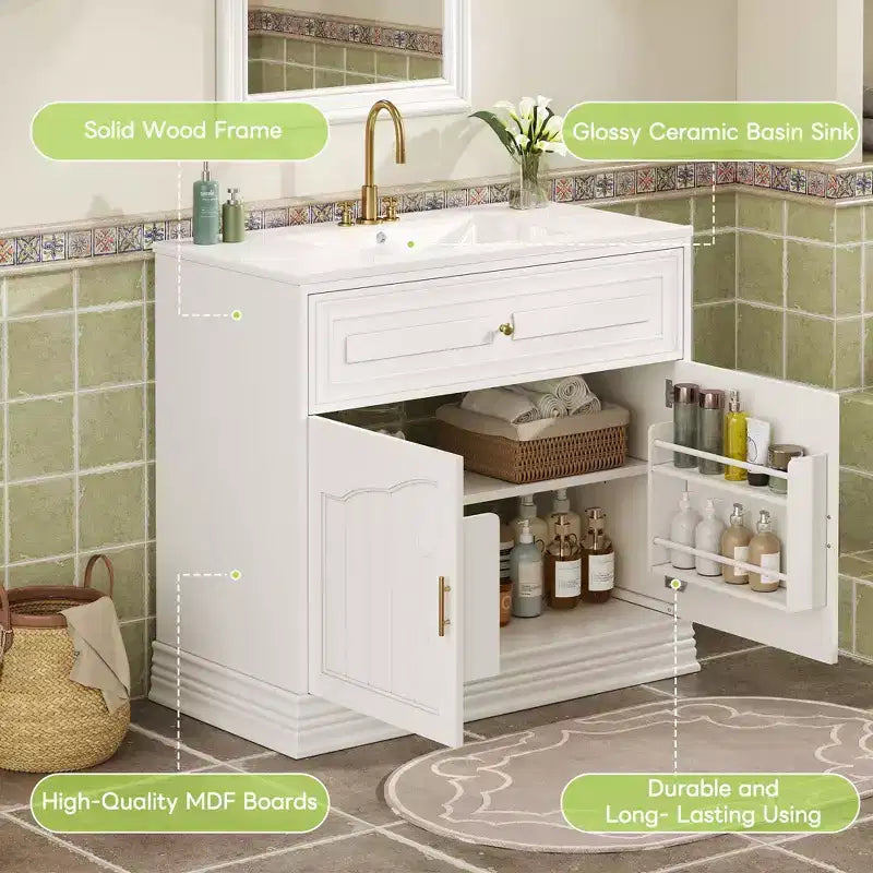 Meuble-lavabo de luxe de 36 pouces avec lavabo en céramique, meuble-lavabo avec deux grandes portes à fermeture amortie, armoire de rangement de salle de bain en bois massif.