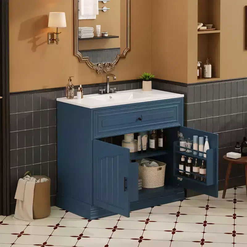 Meuble-lavabo de luxe de 36 pouces avec lavabo en céramique, meuble-lavabo avec deux grandes portes à fermeture amortie, armoire de rangement de salle de bain en bois massif.