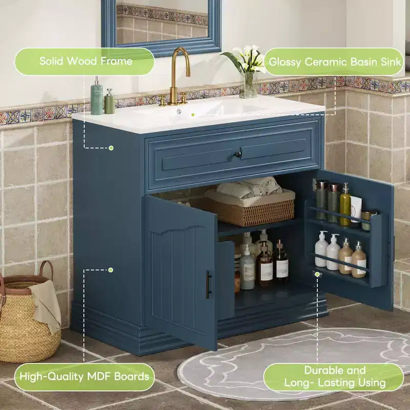 Meuble-lavabo de luxe de 36 pouces avec lavabo en céramique, meuble-lavabo avec deux grandes portes à fermeture amortie, armoire de rangement de salle de bain en bois massif.
