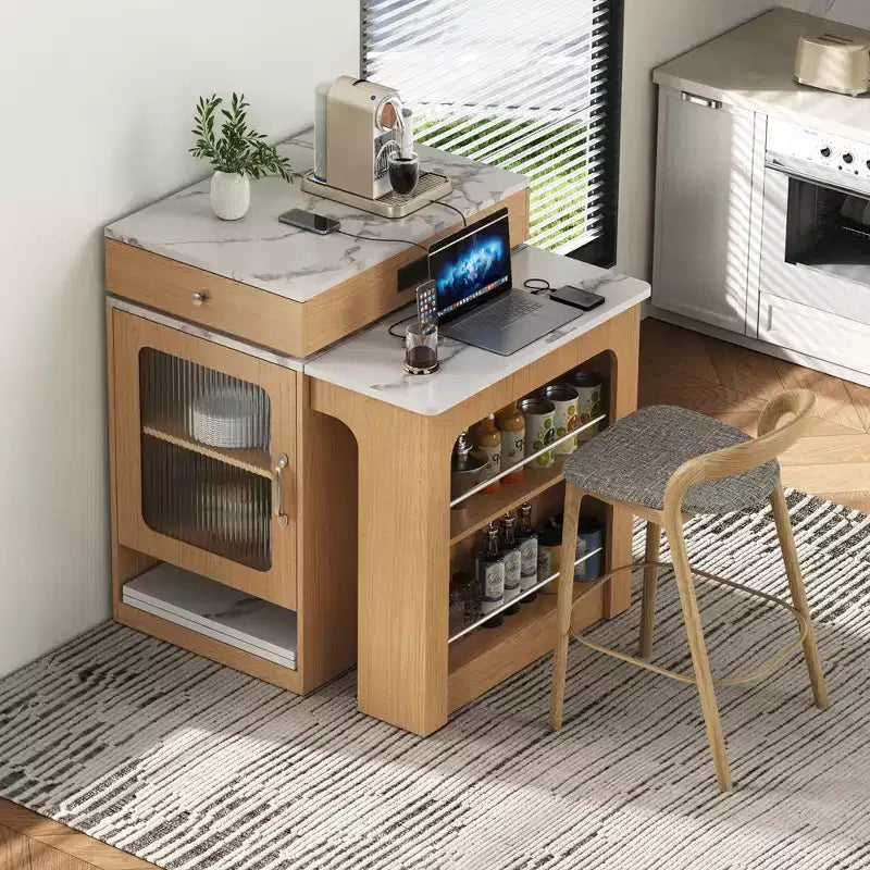 59,5 Îlot de cuisine extensible avec table à manger, Table de cuisine avec 2 tiroirs et étagères latérales ouvertes, Îlot de cuisine utilitaire pour salle à manger