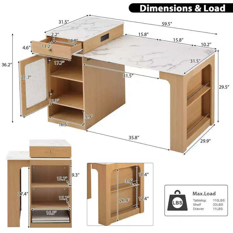 59,5 Îlot de cuisine extensible avec table à manger, Table de cuisine avec 2 tiroirs et étagères latérales ouvertes, Îlot de cuisine utilitaire pour salle à manger