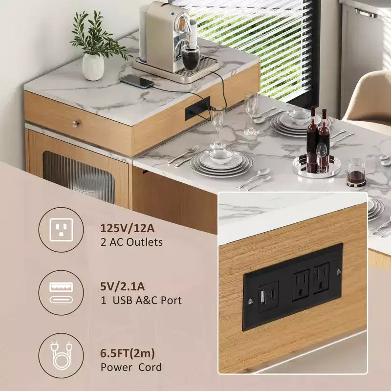 59,5 Îlot de cuisine extensible avec table à manger, Table de cuisine avec 2 tiroirs et étagères latérales ouvertes, Îlot de cuisine utilitaire pour salle à manger