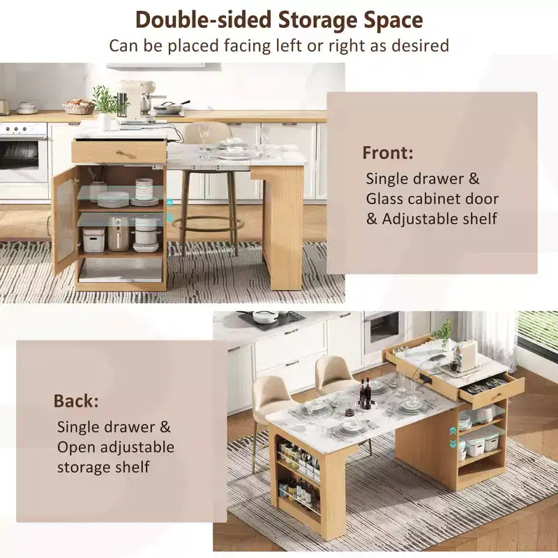 59,5 Îlot de cuisine extensible avec table à manger, Table de cuisine avec 2 tiroirs et étagères latérales ouvertes, Îlot de cuisine utilitaire pour salle à manger