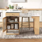 59,5 Îlot de cuisine extensible avec table à manger, Table de cuisine avec 2 tiroirs et étagères latérales ouvertes, Îlot de cuisine utilitaire pour salle à manger