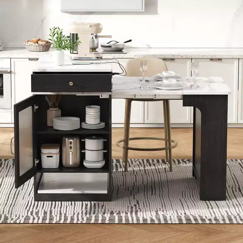 59,5 Îlot de cuisine extensible avec table à manger, Table de cuisine avec 2 tiroirs et étagères latérales ouvertes, Îlot de cuisine utilitaire pour salle à manger