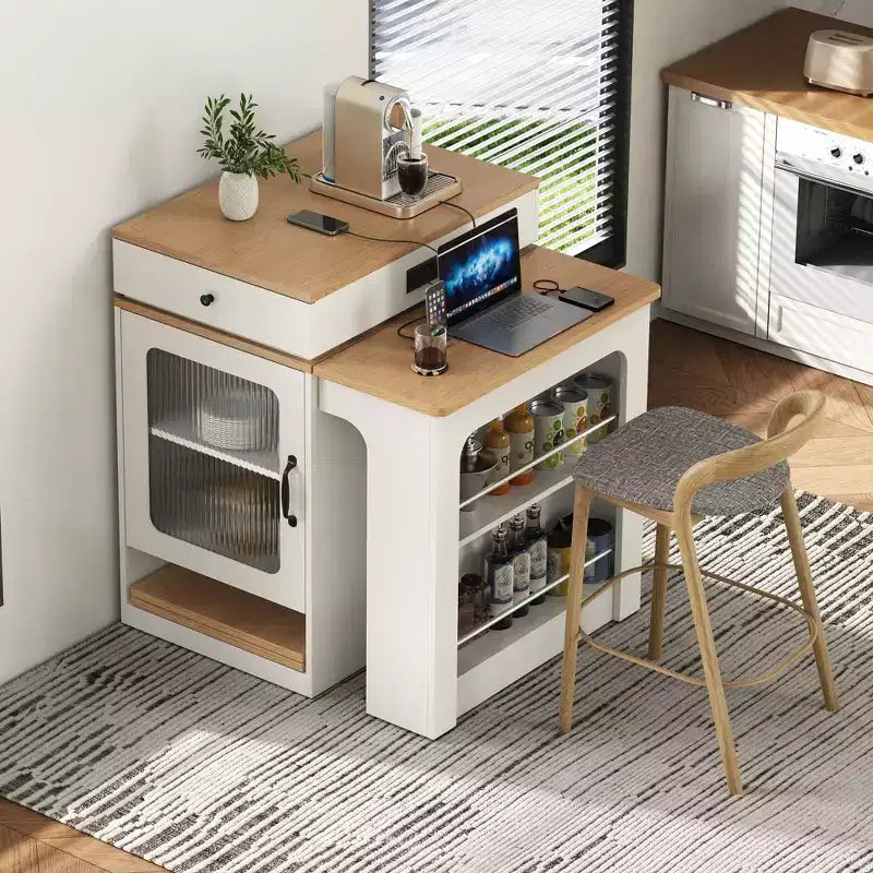 59,5 Îlot de cuisine extensible avec table à manger, Table de cuisine avec 2 tiroirs et étagères latérales ouvertes, Îlot de cuisine utilitaire pour salle à manger