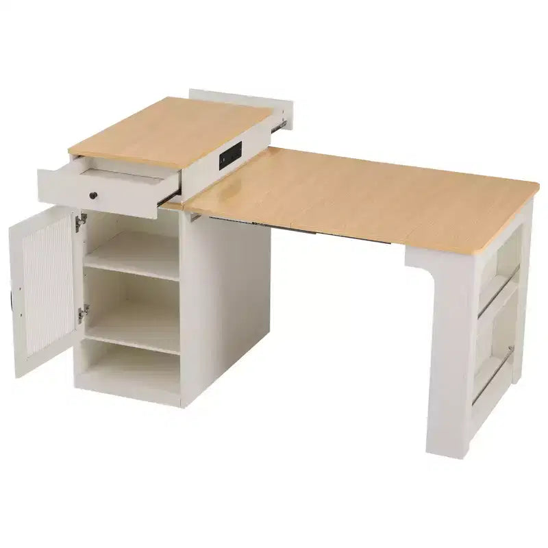 59,5 Îlot de cuisine extensible avec table à manger, Table de cuisine avec 2 tiroirs et étagères latérales ouvertes, Îlot de cuisine utilitaire pour salle à manger