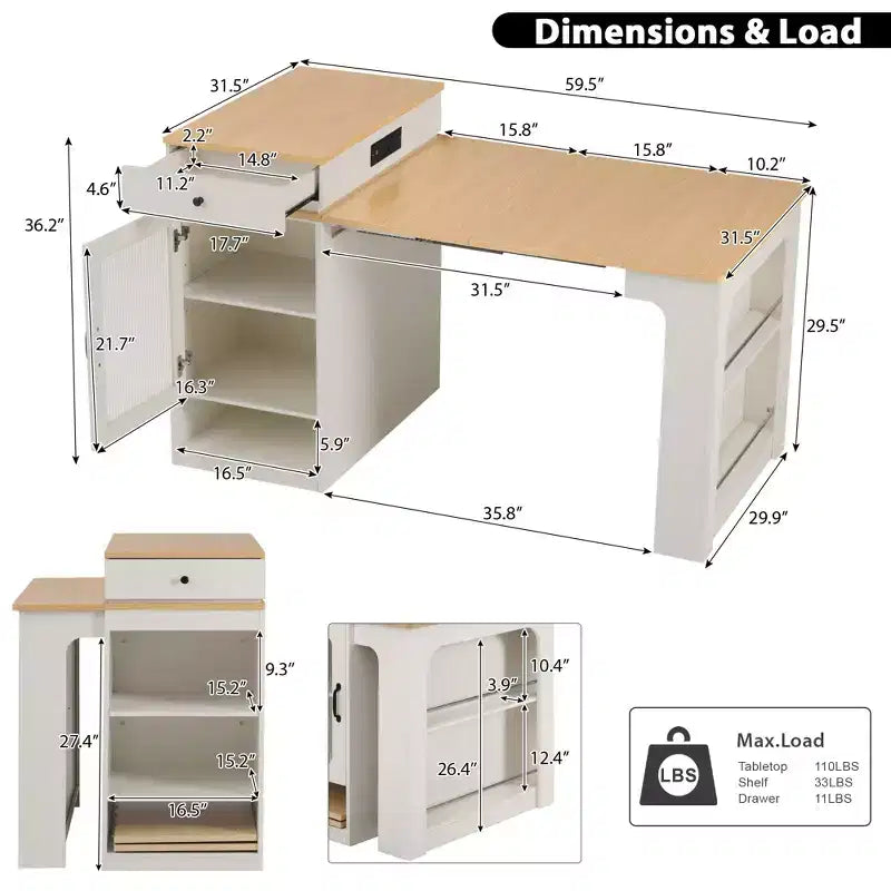 59,5 Îlot de cuisine extensible avec table à manger, Table de cuisine avec 2 tiroirs et étagères latérales ouvertes, Îlot de cuisine utilitaire pour salle à manger