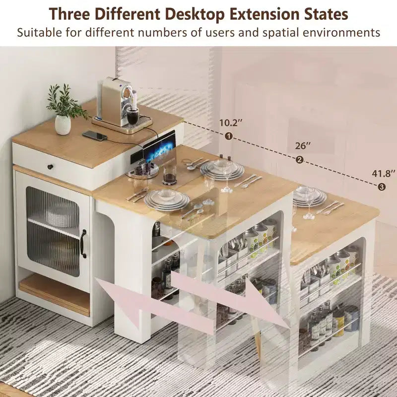 59,5 Îlot de cuisine extensible avec table à manger, Table de cuisine avec 2 tiroirs et étagères latérales ouvertes, Îlot de cuisine utilitaire pour salle à manger